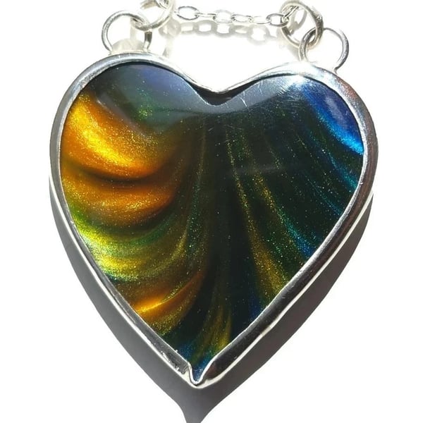 Surfite Heart Necklace Sterling Silver Blue & Yellow Pearlescent Handmade