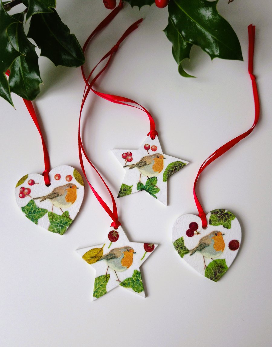 Robin Decoupage Christmas Tree Decorations Set of 4 (Set D)