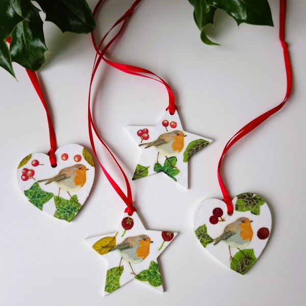 Robin Decoupage Christmas Tree Decorations Set of 4 (Set D)