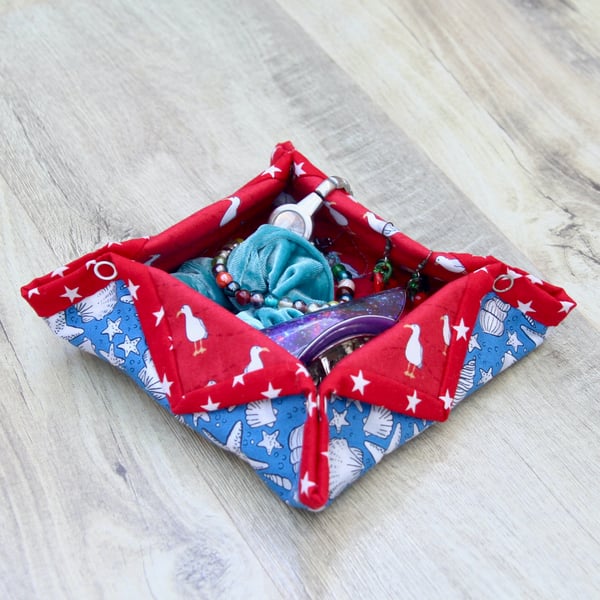 Quilted Fabric storage box with Seagulls and Seashells Fabric