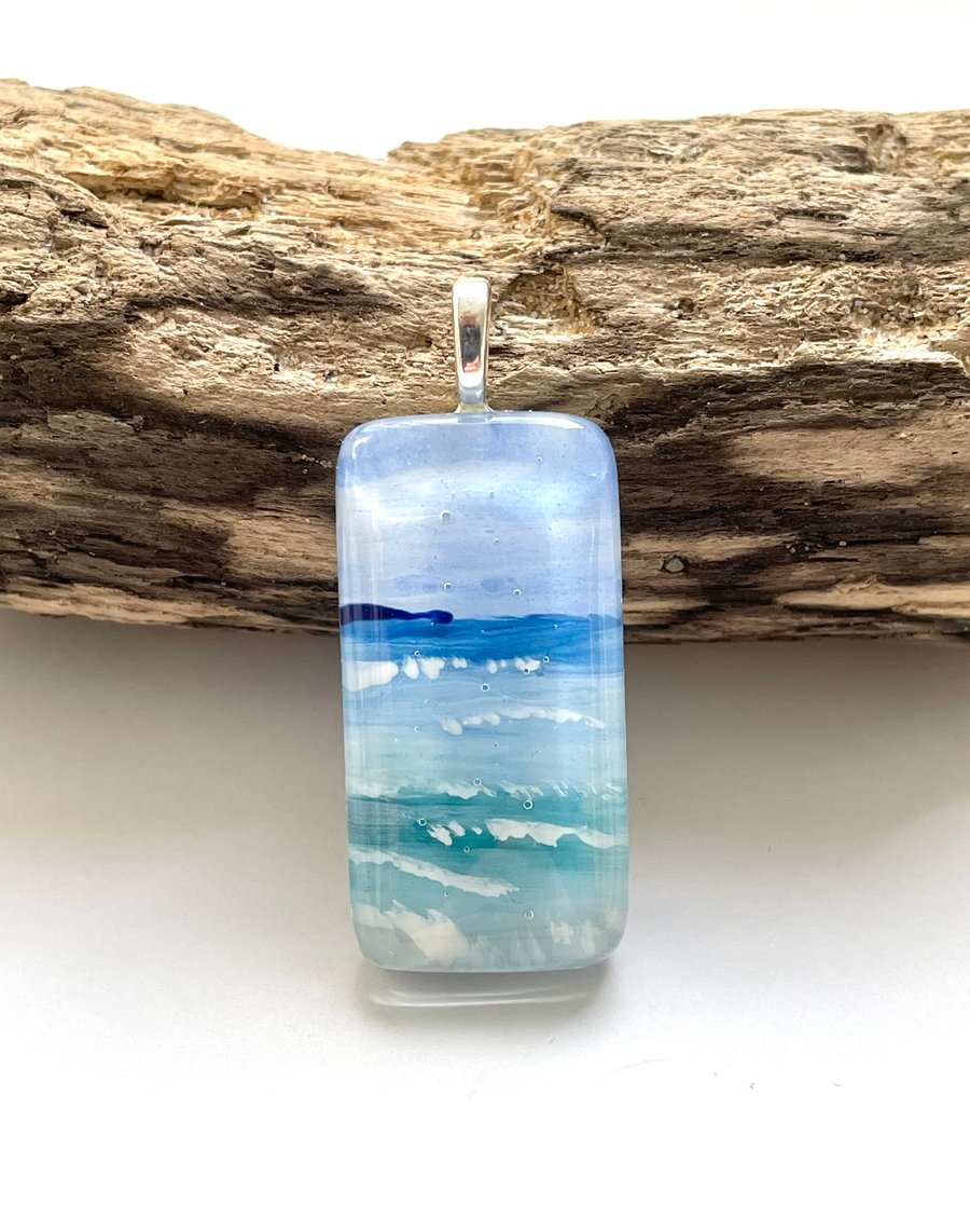 Hand painted enamel & glass seascape pendant 