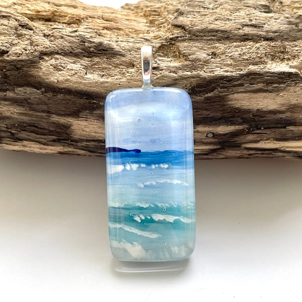 Hand painted enamel & glass seascape pendant 