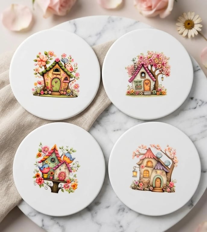 Charming Fairy Cottage Ceramic Coaster Set (4-Piece)