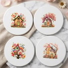 Charming Fairy Cottage Ceramic Coaster Set (4-Piece)