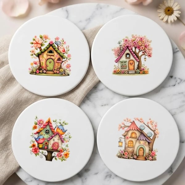Charming Fairy Cottage Ceramic Coaster Set (4-Piece)