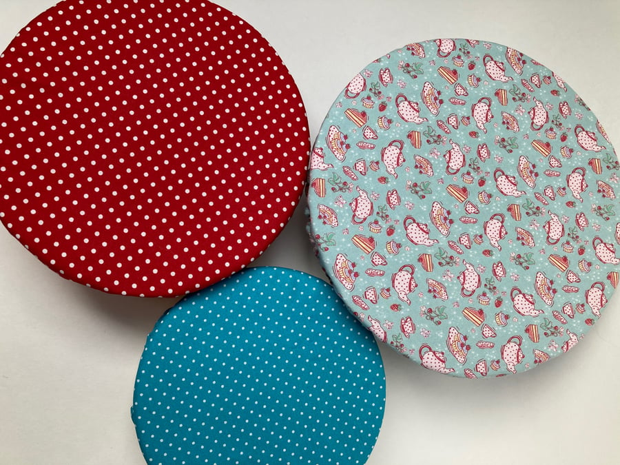Reusable bowl covers - set of three in teapots and spots design