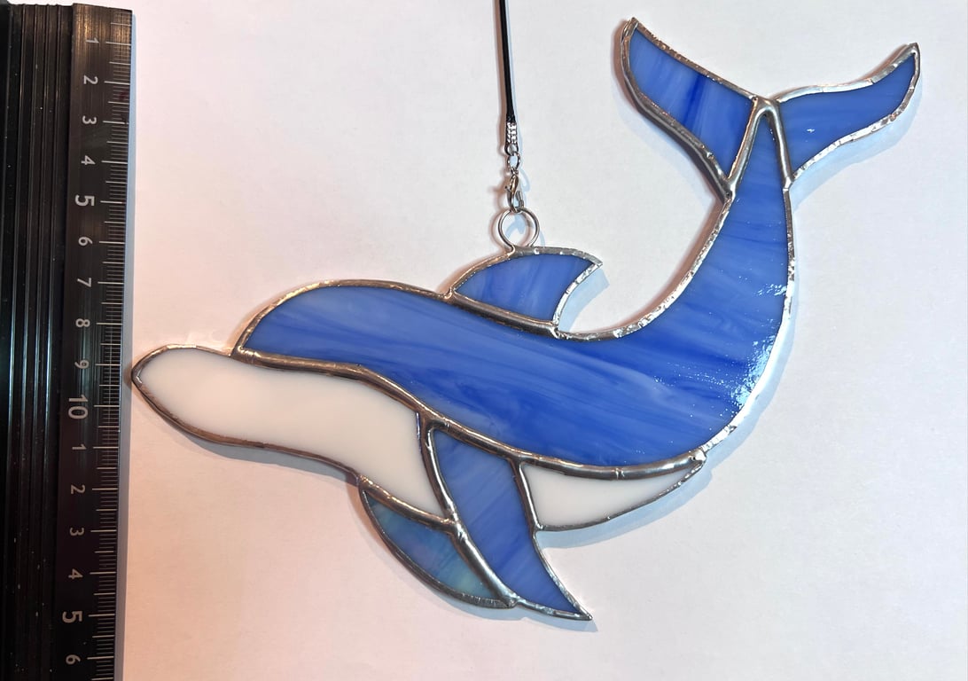 Handmade stained pearlescent blue glass dolphin sun catcher 