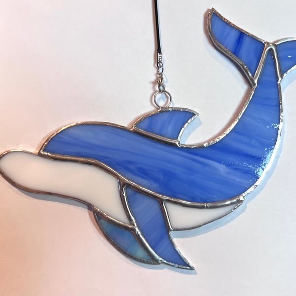 Handmade stained pearlescent blue glass dolphin sun catcher 