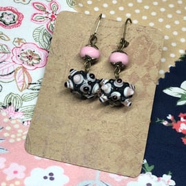 Pink lampwork and knobbly bead earrings