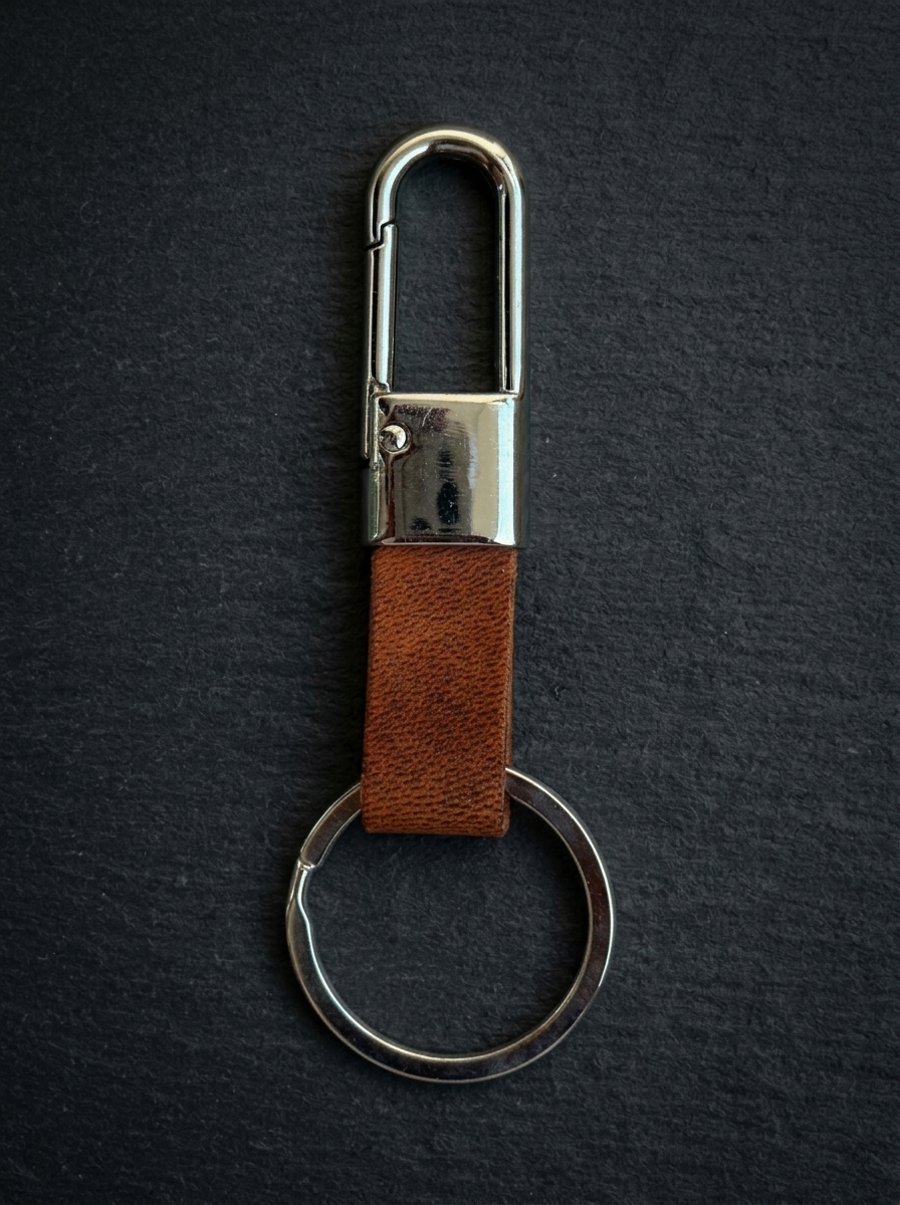 Cognac Tan Full Grain Leather Carabiner Keychain Quick Release Clip UK