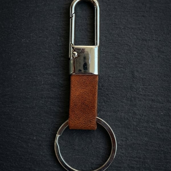 Cognac Tan Full Grain Leather Carabiner Keychain Quick Release Clip UK