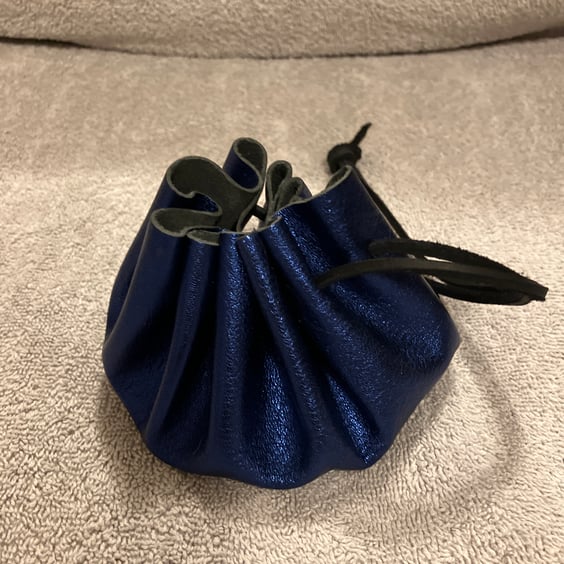Sparkly metallic blue coloured leather drawstring dice bag -coin pouch FREE SHIP