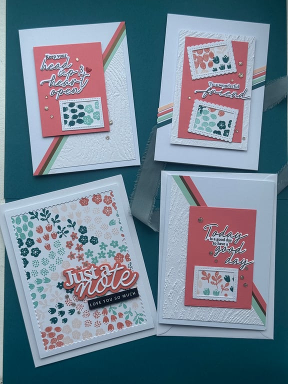 Set of 4 cards for all occasions. Using orange and teal theme. Motivational card