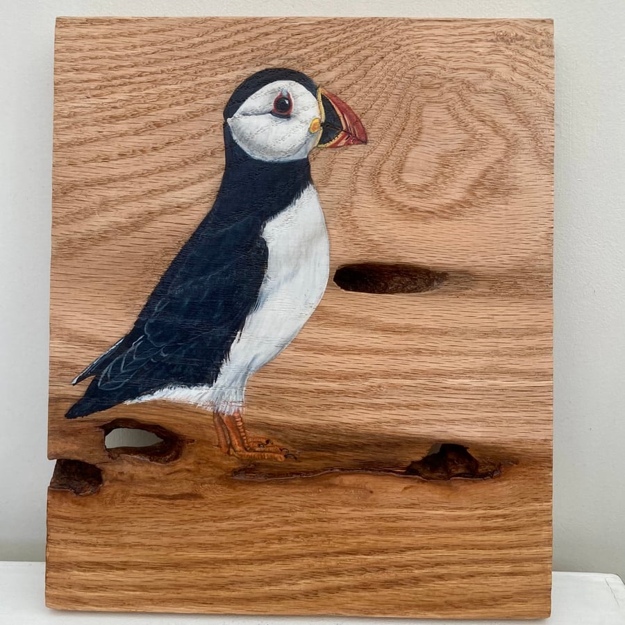 Puffin on Oak wood