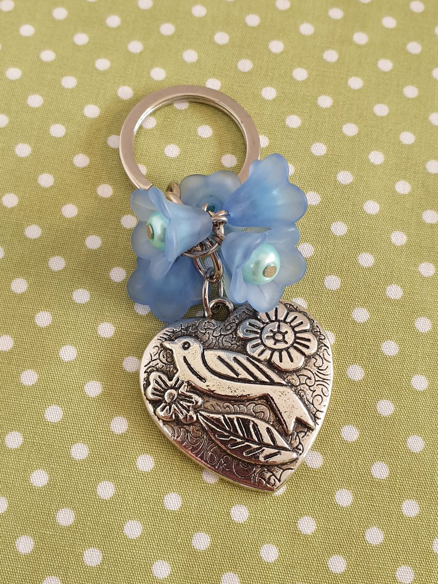 Blue Flower, Bird and Heart Keychain, Keyring, Bag Charm