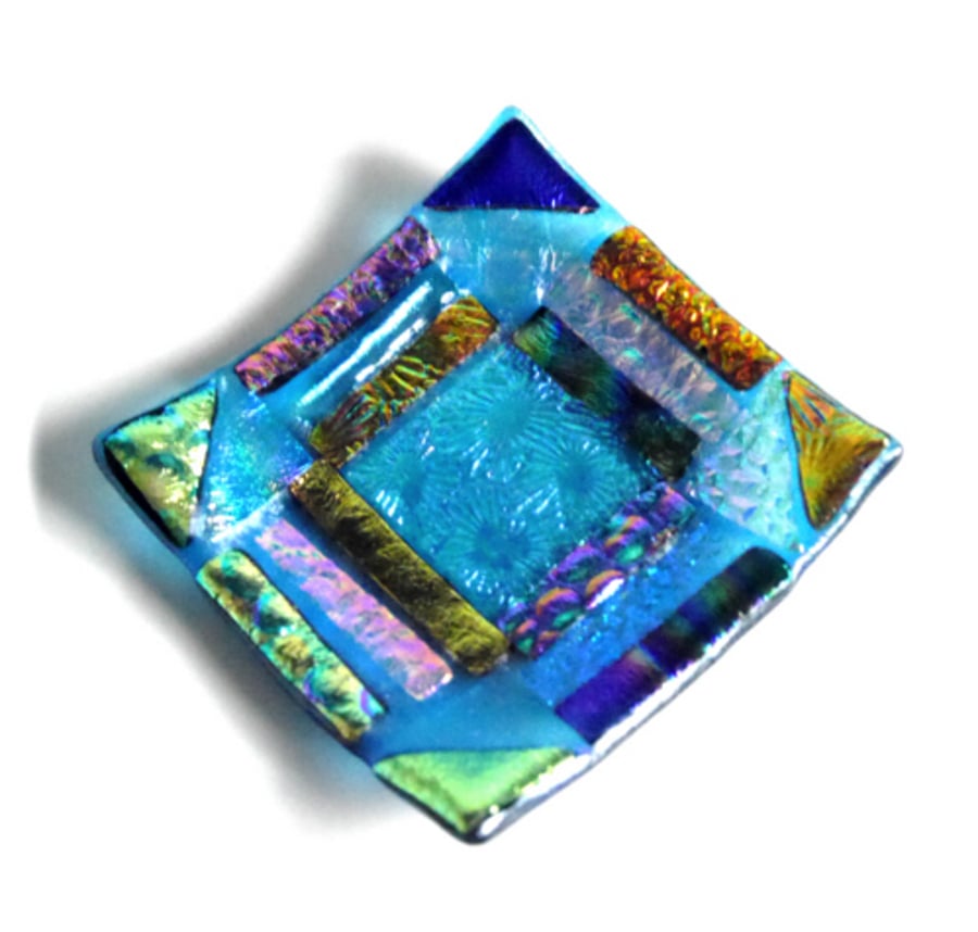 SOLD Patchwork Dichroic Treasure Fused Glass Trinket Dish 011 8cm 