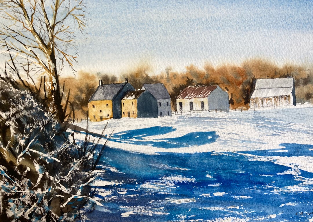 Ingleby farm (Original Watercolour and vodka mix FULLY MOUNTED 12” x 10”)