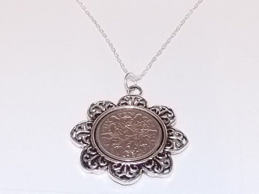 Floral Pendant 1934 Lucky sixpence 87th Birthday plus a Sterling Silver 18in cha