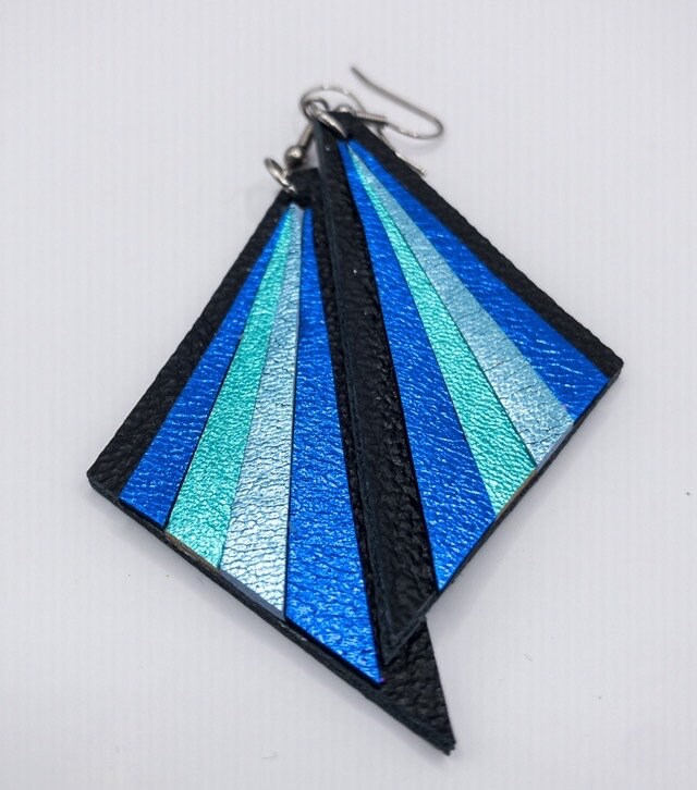 Art Deco inspired colourful Triangle leather earrings, metallic blues and turquo