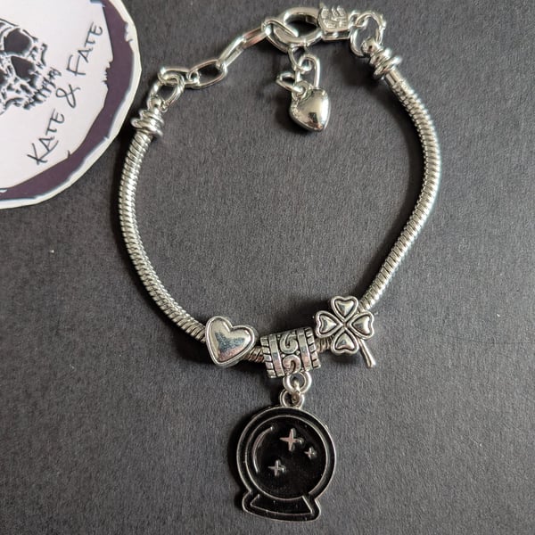 Crystal Ball Charm Bracelet, Black Enamel Magic Sphere Snake Chain