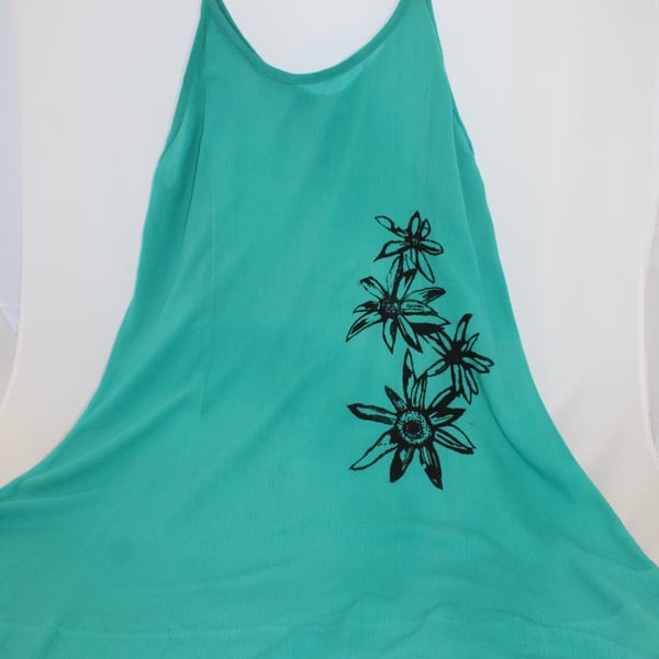 Vintage 90's Ladies green floral strappy hand print dress,Summer,re worked dress