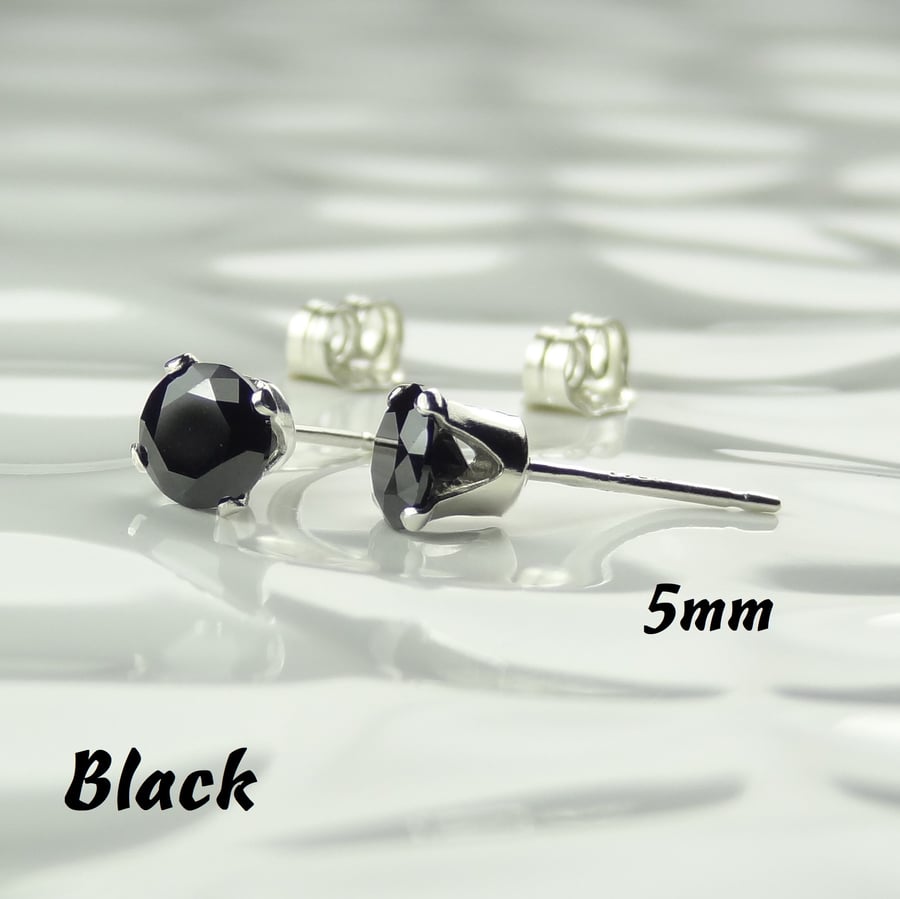 Cubic Zirconia stud earrings, sterling silver or 14k gold filled, black, 5mm