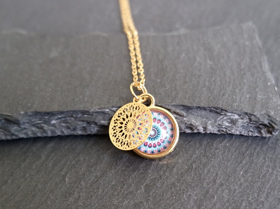 Necklace - Mandala gold rose violet blue
