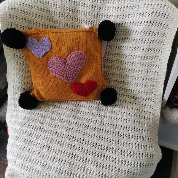 Hand Knitted 30cm x 30cm Heart Square Cushion 