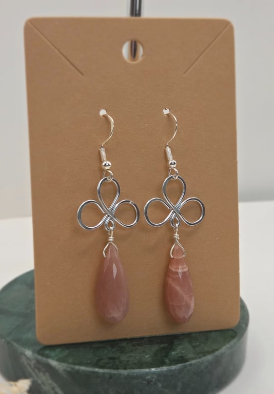 Peach Moonstone Wire Wrapped Teardrop Dangle Earrings, Sterling Silver Hooks