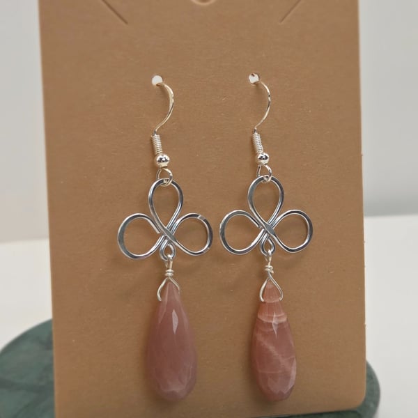 Peach Moonstone Wire Wrapped Teardrop Dangle Earrings, Sterling Silver Hooks