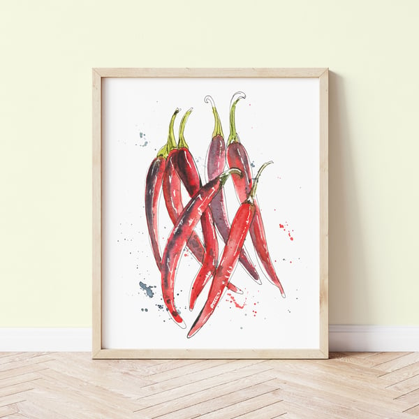 Red Chillies in Watercolour and Ink Art Print 