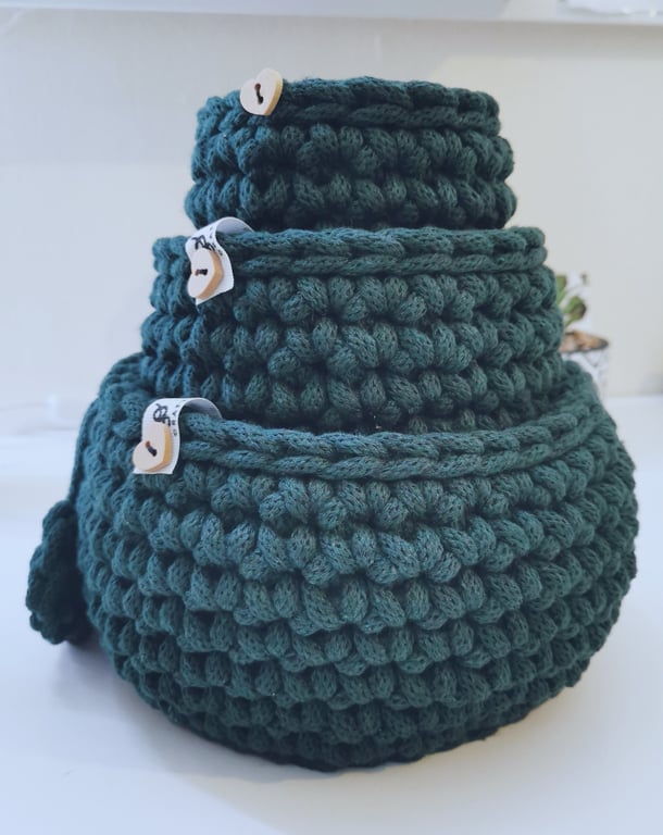 Handmade Crochet Basket Set: Recycled Cotton Nesting Bowls