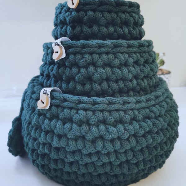 Handmade Crochet Basket Set: Recycled Cotton Nesting Bowls