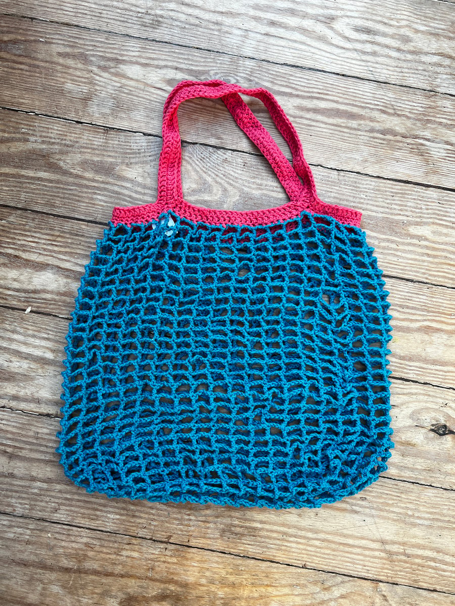 Handmade Crochet Market Bag - Peacock & Coral