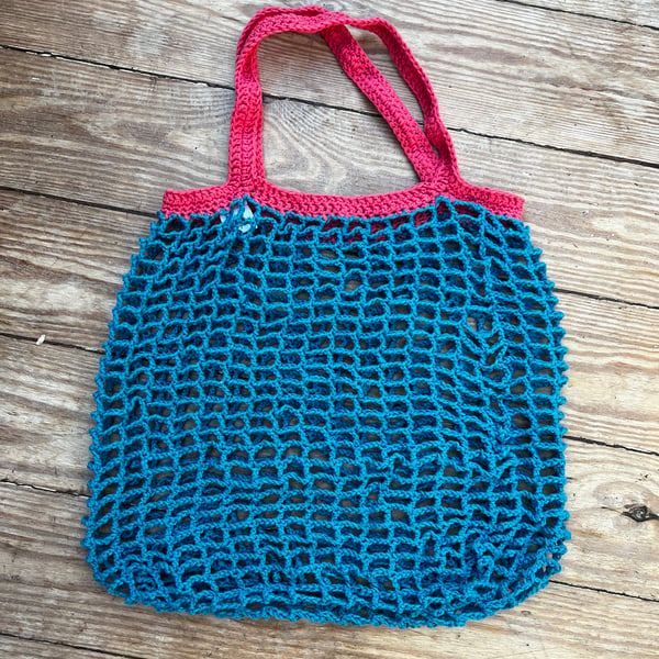 Handmade Crochet Market Bag - Peacock & Coral