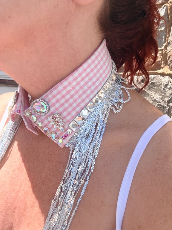 Pink Gingham Detachable Vintage Crystal  Collar - Upcycled Swarovski Neckcessory
