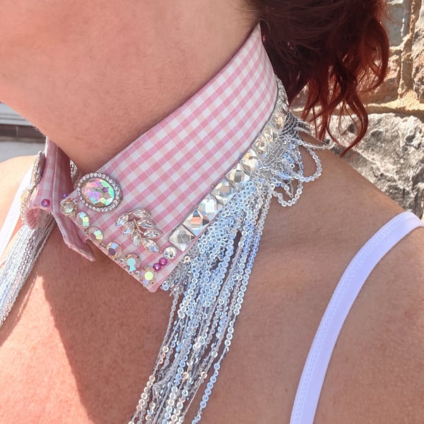 Pink Gingham Detachable Vintage Crystal  Collar - Upcycled Swarovski Neckcessory