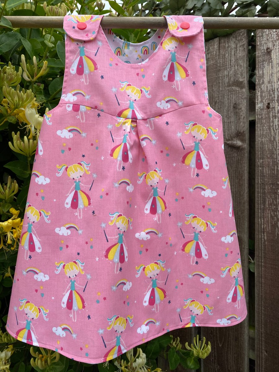 Pink Reversible Dress with Fairies, Rainbows and stars - 12-18 months 
