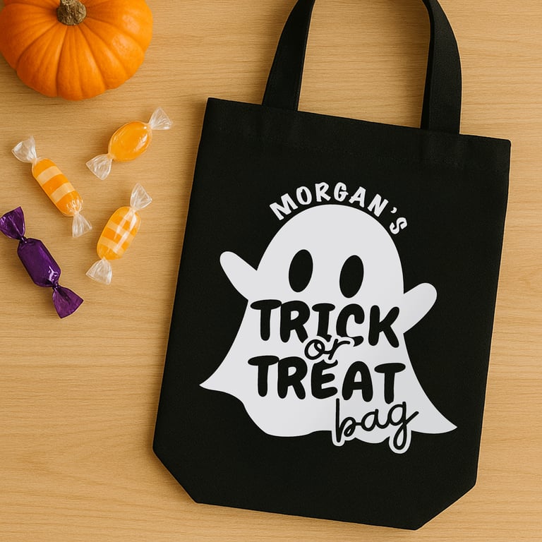 Personalised Ghost Trick or Treat Bag Iron On Vinyl – Custom Halloween Transfer