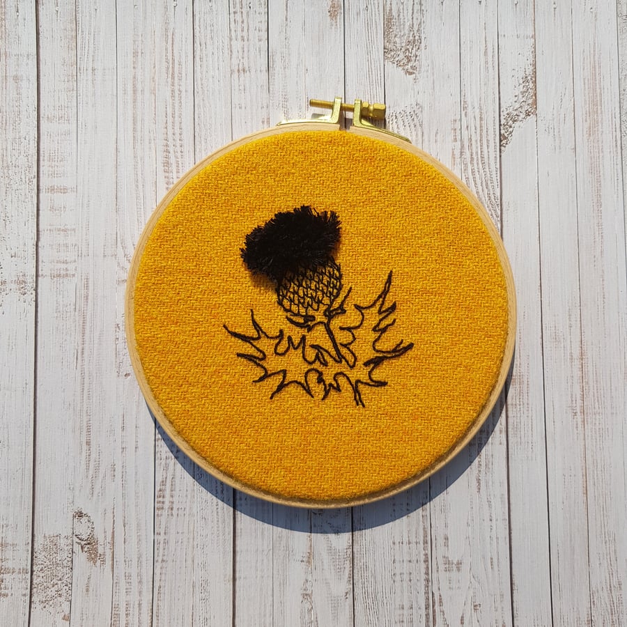 Mustard Scottish thistle embroidery art, 6.5"