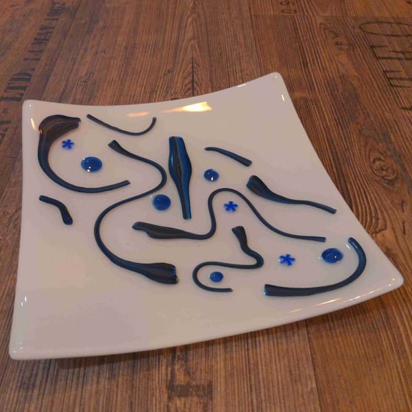 Fused Glass Plate 20.5cm square Blue swirls & white