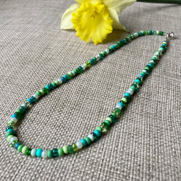 Shades of green beaded necklace, seed beads
