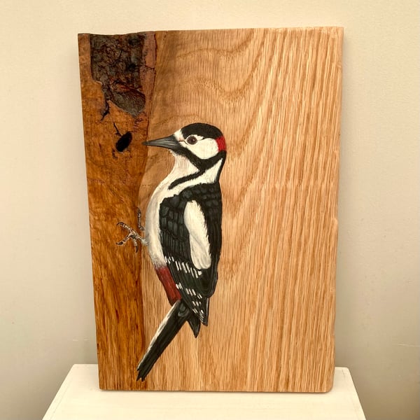 Woodpecker hand-painted on Oak wood