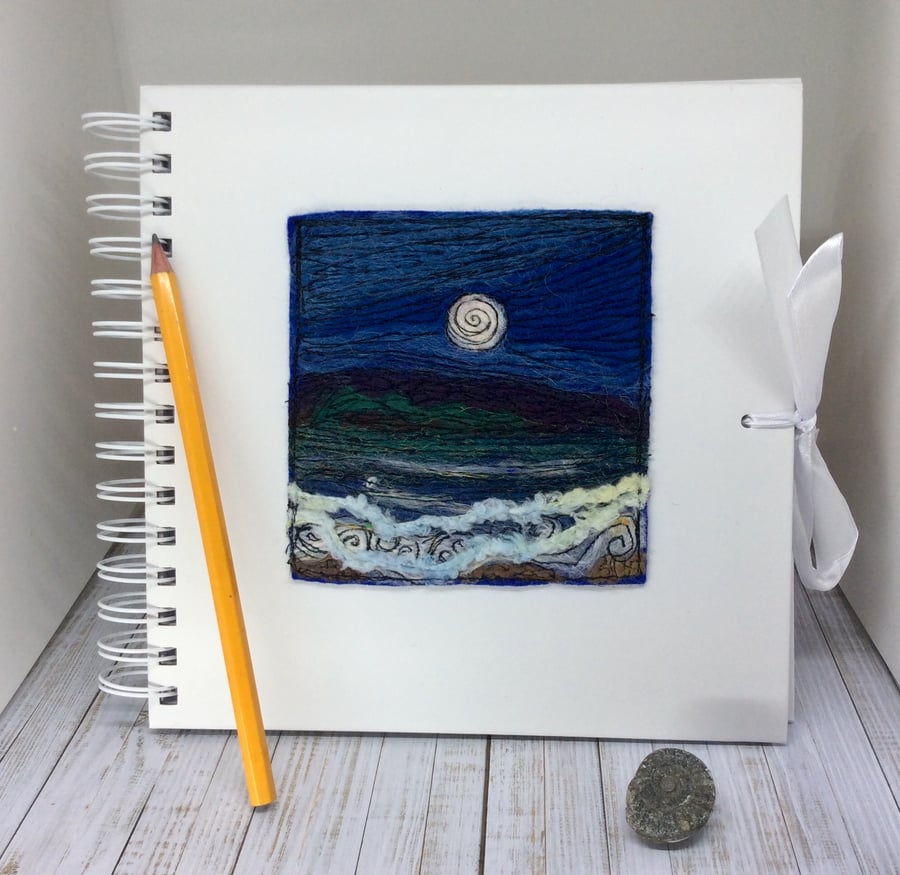 Embroidered seascape sketchbook, journal or scrapbook. 