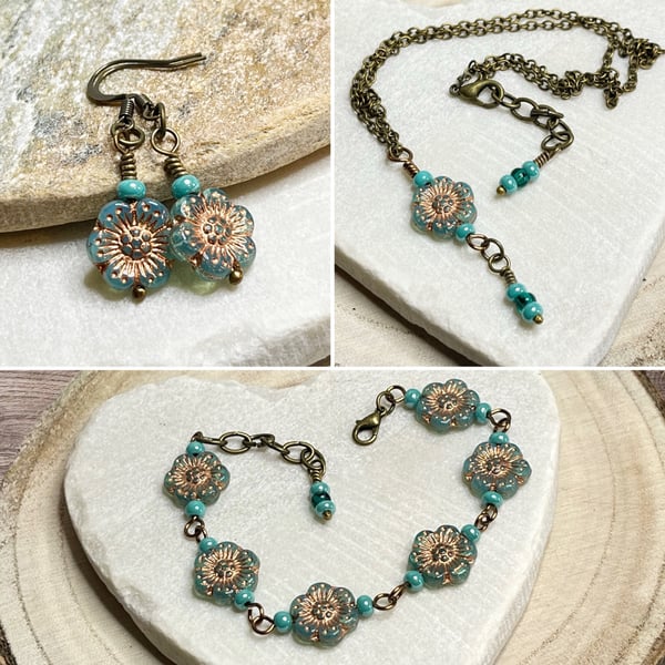 Aqua blue flower jewellery set - bohemiam pendant, earrings and bracelet set