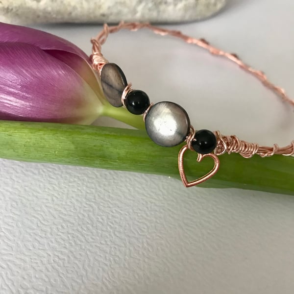 Bangle in Rose Gold with Taupe Shell and Semi Precious Black Obsidian Stone 