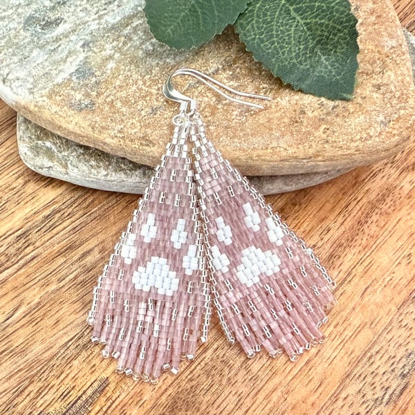 White wolf paw print beaded fringe earrings in rose pink and silver