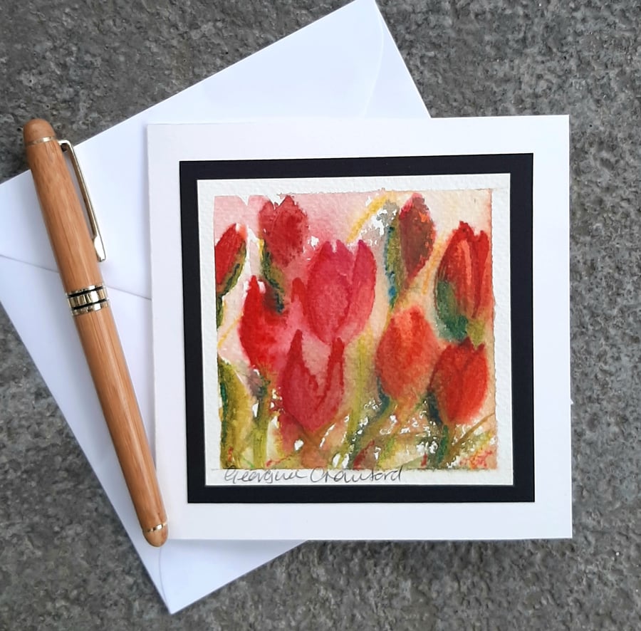 Red Tulips. Blank Card. Notelet Of Abstract Red  Flowers. Handpainted.