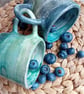 Small rustic mug,tea cup, water colour design teal blues greens design set of 2