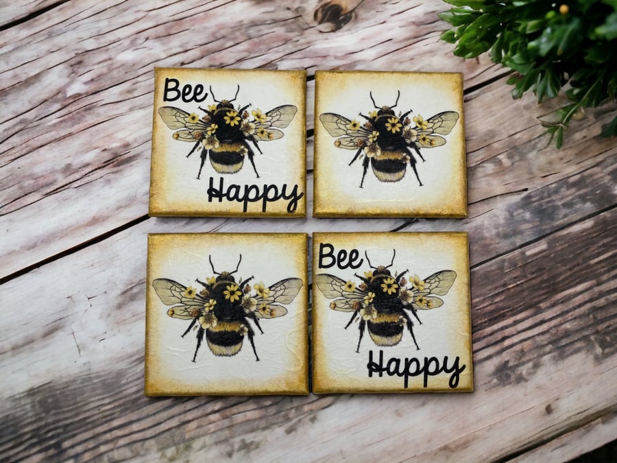 Bee Happy Wooden Coasters - Decoupaged Set of 4
